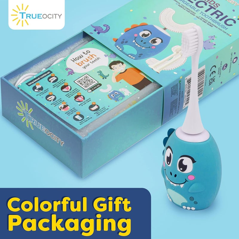 Trueocity Kids U Shape Toothbrush Auto Electric Toddler Rechargeable Kids Automatic Toothbrush | 360° U-Shaped Silicone Brush Head | Gentle Cleaning for Ages 2–7| Dinosaur Design (Blue) - Image 5